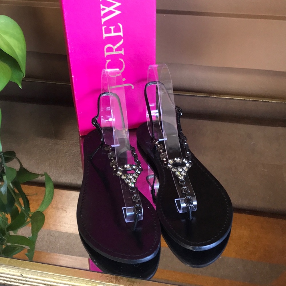 J.CREW JEWELED BLACK LEATHER CAPRI SANDALS